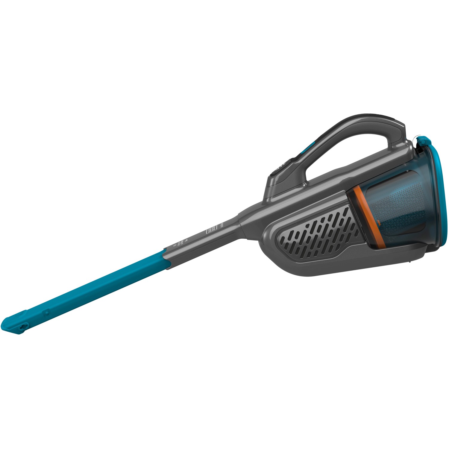 Black+Decker Akku-Handstaubsauger BHHV320B in Grau/Blau mit ausziehbarer Fugendüse.