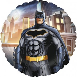 Runder Batman Folienballon (Ø 45cm) mit Portrait Motiv vor einer Stadtkulisse, ideal als Partydeko.