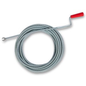 EBERTH Rohrreinigungsspirale, 10m lang, 9mm Durchmesser, mit rotem Griff und Bohrkopf.