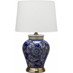 PR Home Fang Hong Tischleuchte: Blaue Keramiklampe mit weißem Schirm, dekoratives Design für Innenräume.