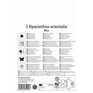 Rückseite der Kiepenkerl Hyazinthen Mischung Packung mit 3 Blumenzwiebeln. Infos zu Standort, Duft, Nützlingen, Farben Blau, Weiß, Rosa.