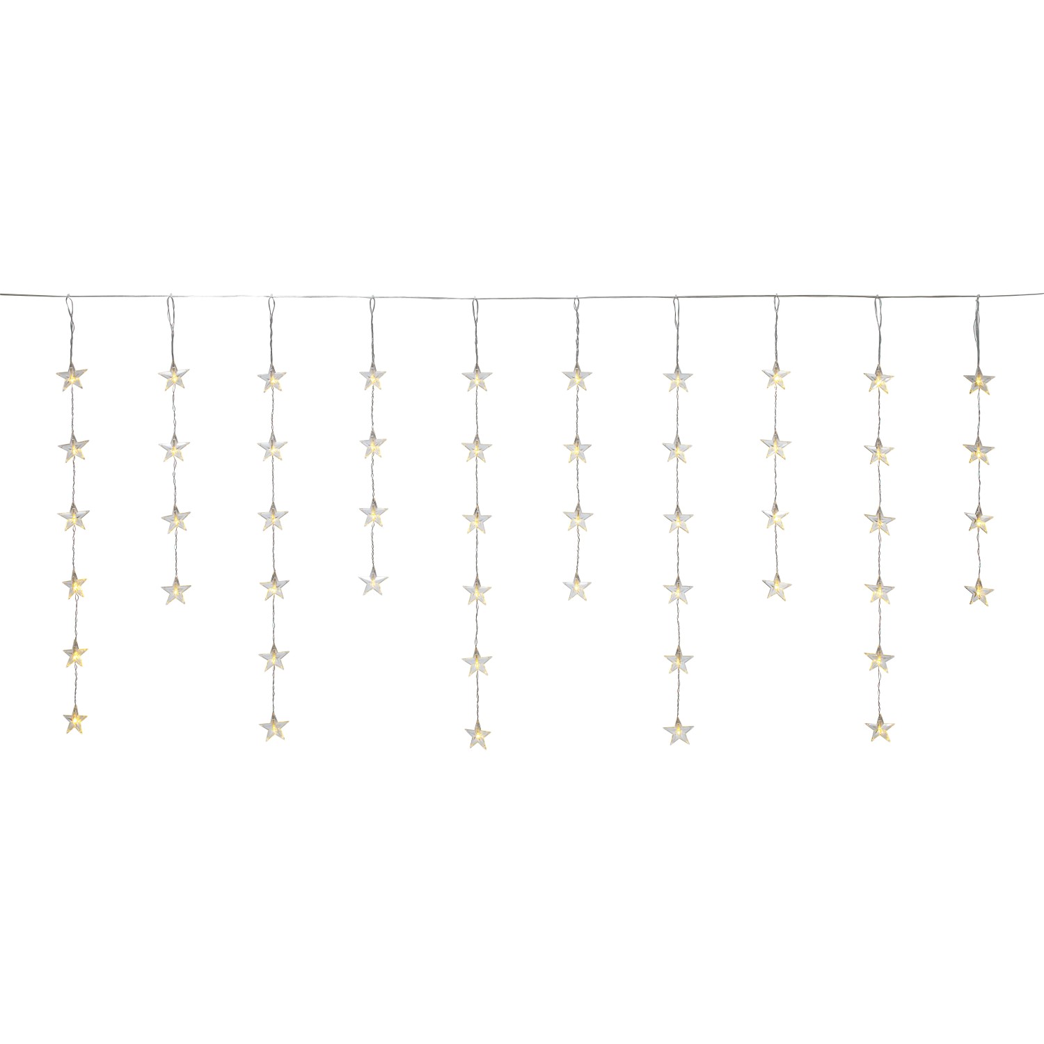 LED-Lichtervorhang mit Sternen, warmweiß, transparentes Kabel, 7,5 m Länge für Innen und Außen.