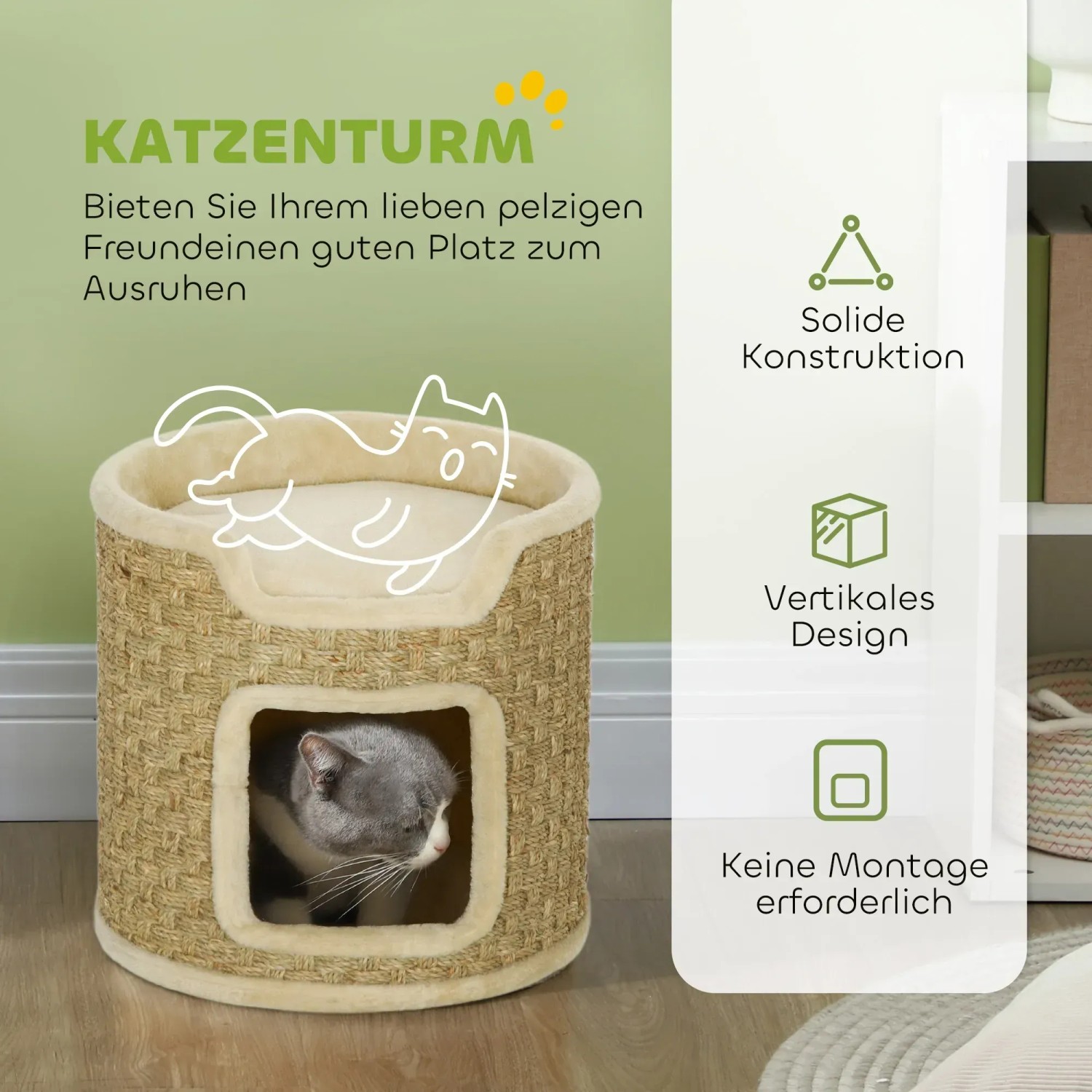 Khaki Kratztonne mit Liegefläche und Sisal-Kratzfläche für Katzen, Ø38x37cm.