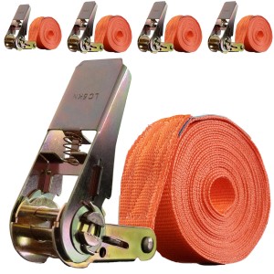 4 orangefarbene Spanngurte mit Ratsche, 6m lang, 1000kg Zugkraft zur Ladungssicherung.