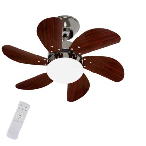 NETTLIFE Deckenventilator aus silbernem Metall mit sechs braunen Holzoptik-Flügeln und integrierter Leuchte, Fernbedienung daneben.