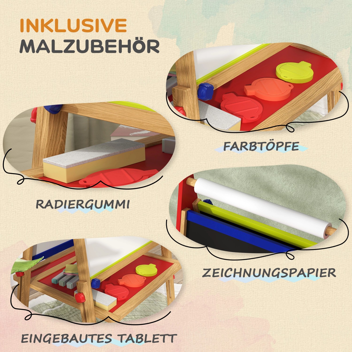 Details der AIYAPLAY Kindertafel aus Kiefernholz mit Zubehör wie Farbtöpfe, Papierrolle und Radiergummi.