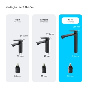 AM.PM Waschtischarmatur Hit, hoch, schwarz. Wasserhahn für Waschbecken, verschiedene Größen dargestellt.