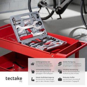 Tectake Fahrradwerkzeug-Set, 50-teilig im Koffer. Werkzeug zur Reparatur von Bremsen, Kette und Reifen.