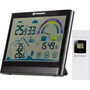 BRESSER VentAir Thermo-Hygrometer mit Außensensor zeigt Temperatur, Luftfeuchtigkeit und Lüftungsempfehlung.