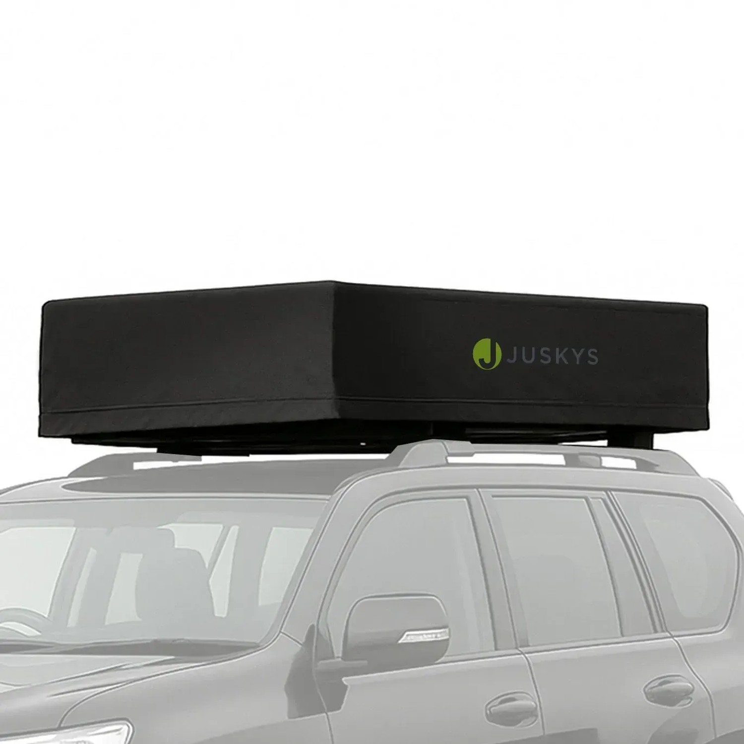 Juskys Autodachzelt Lago 120x210 cm, schwarz-grau, montiert auf einem Autodach.