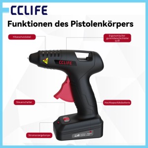 CCLIFE Akku Heißklebepistole, schwarz-rot, mit ergonomischem Griff und sichtbaren Funktionen. Heißklebegerät.