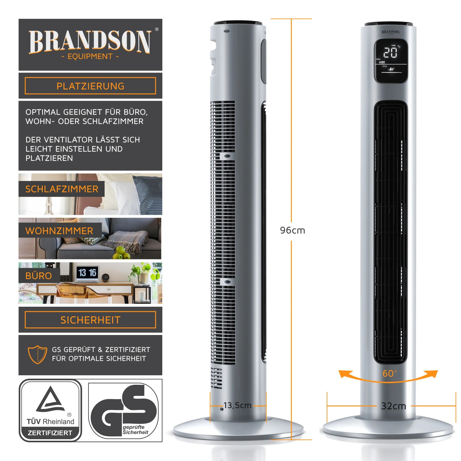 Brandson Turmventilator, 96cm, silber. Mobiler Ventilator mit Fernbedienung, 3 Geschwindigkeiten und Oszillation.