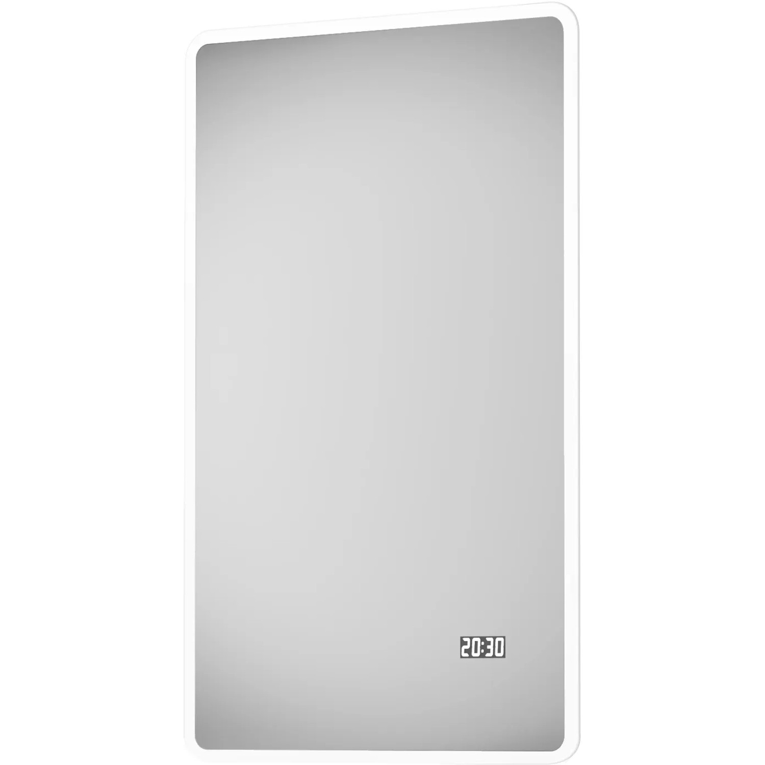 DSK Design LED-Lichtspiegel Silver Porto, 45x70 cm, mit Digitaluhr und umlaufender LED-Beleuchtung.