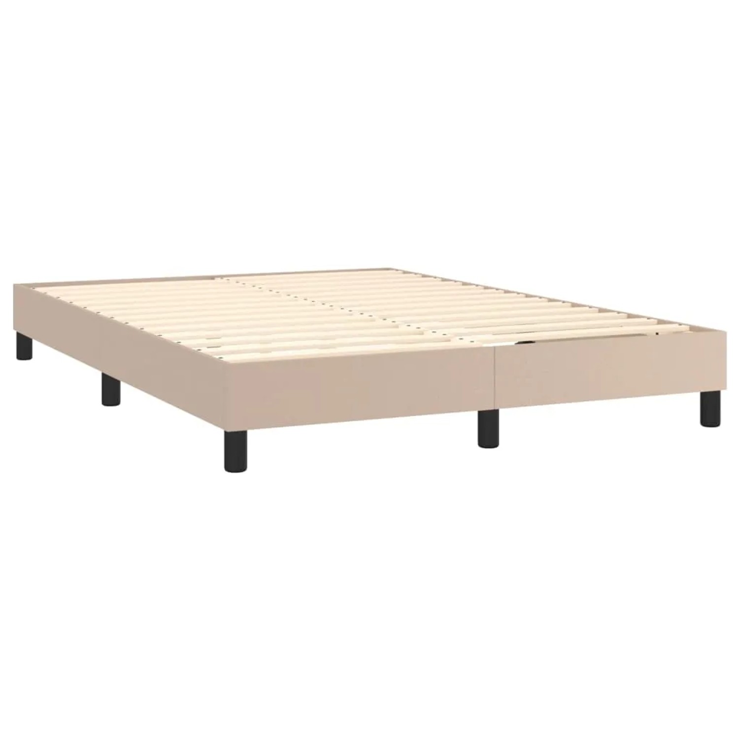 Boxspringbett-Rahmen in Cappuccino-Braun mit Lattenrost und schwarzen Füßen.