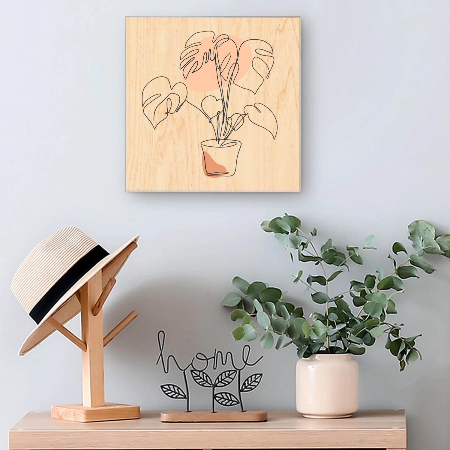 Banjado Schlüsselkasten mit Monstera Skizze auf Holzfront, weiße Schlüsselaufbewahrung für die Wand.