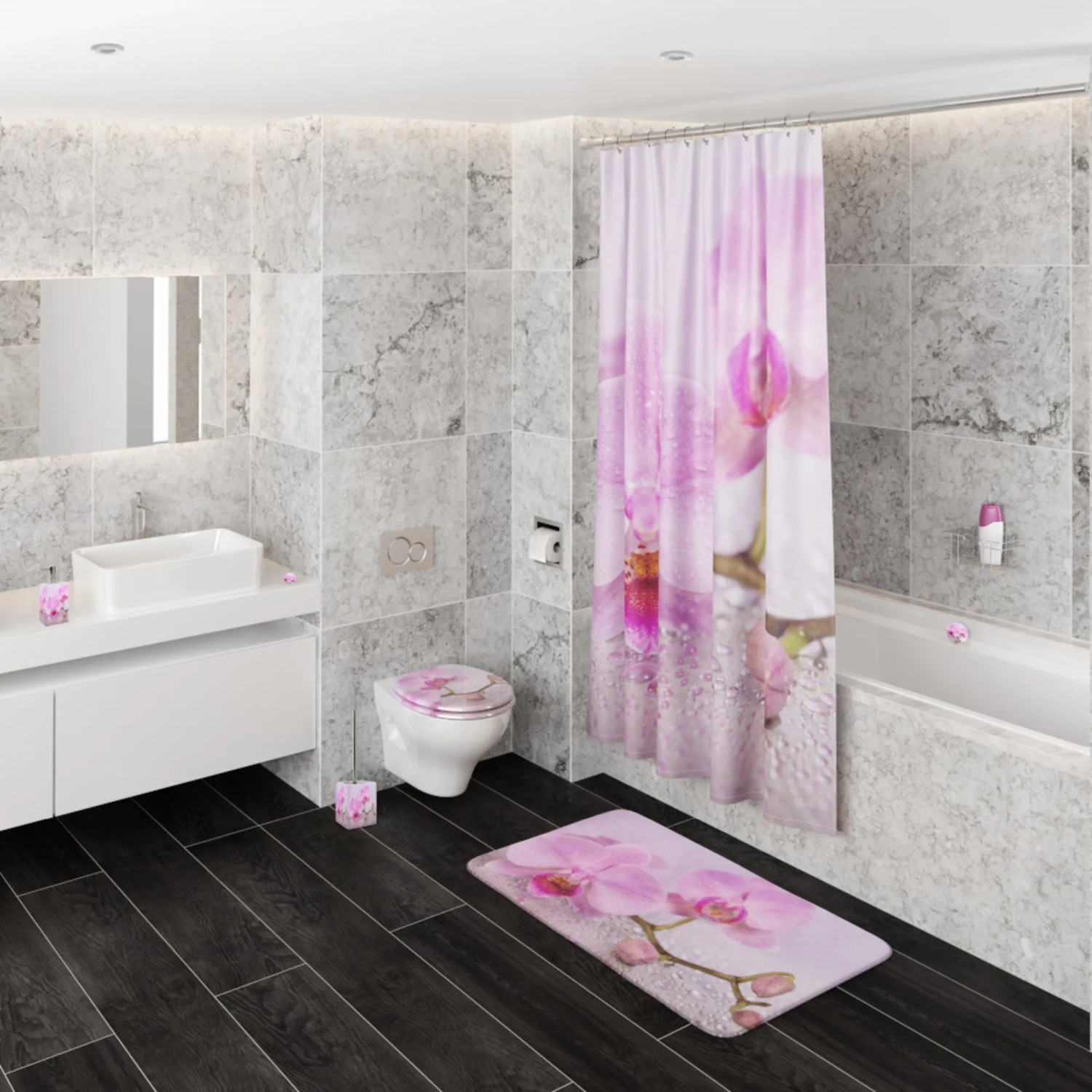 Sanilo Badteppich Blooming (50x80 cm) im Badezimmer mit passender Duschvorhang und WC-Sitz.