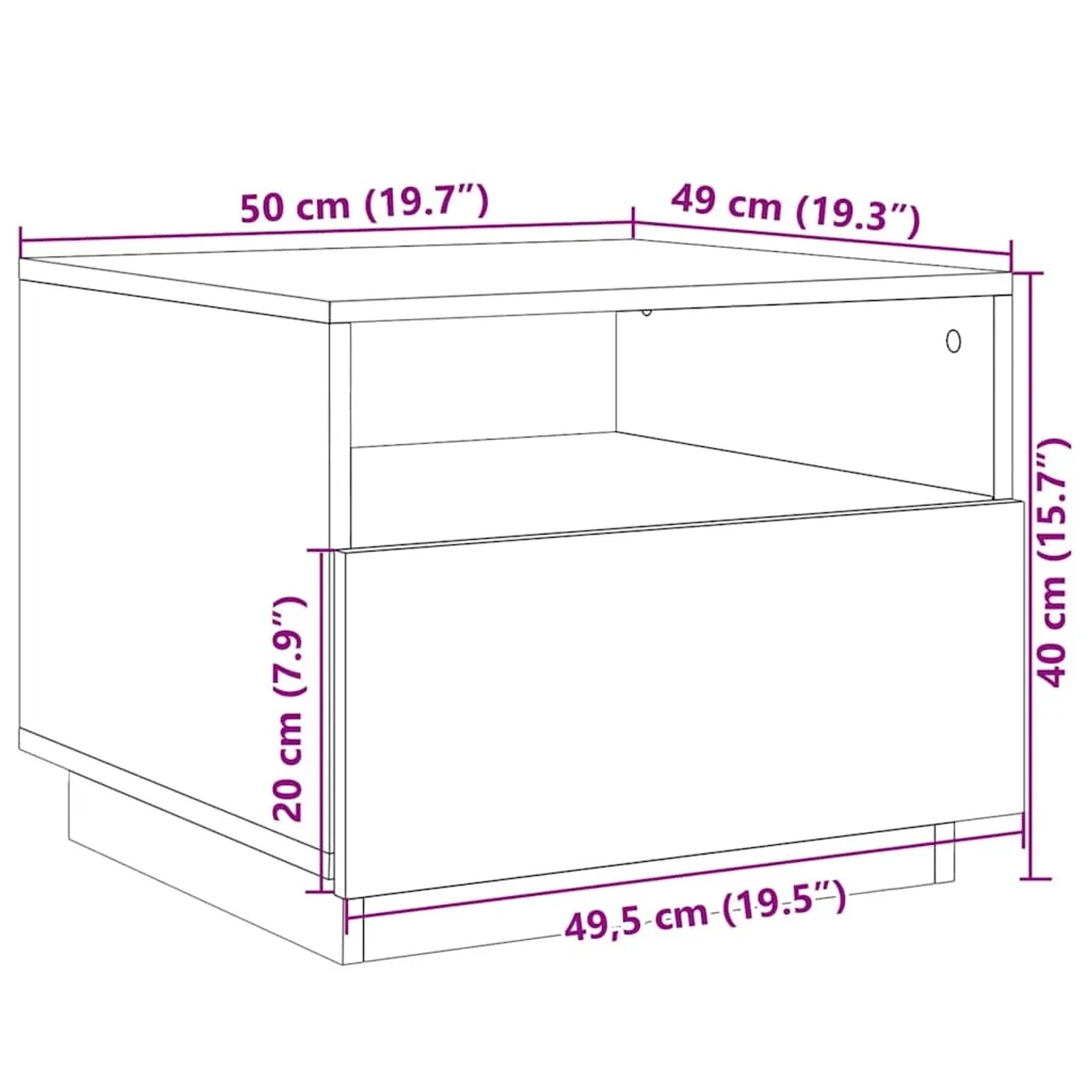 Weißer Couchtisch 50x49x40 cm mit LED-Leuchten, offenem Fach und Schublade. Maße.