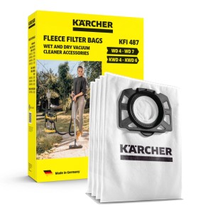 Kärcher Vliesfilter-Set: 4 reißfeste Filterbeutel für Nass-Trockensauger. Gelbe Box, weiße Vliesbeutel.
