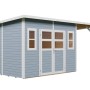 Hellgraues Bertilo Elementgartenhaus Felix 4 Plus XL aus Holz mit Doppeltür und Vordach.