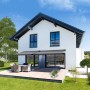 Anthrazitfarbene Home Deluxe LED Markise ELOS 500x300 cm am Haus mit Terrasse.