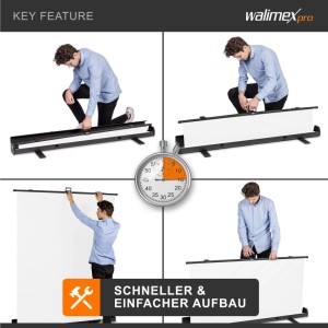 Mann baut weißen Walimex Pro Roll-Up Fotohintergrund auf. Schneller Aufbau des Studiohintergrunds in wenigen Schritten.