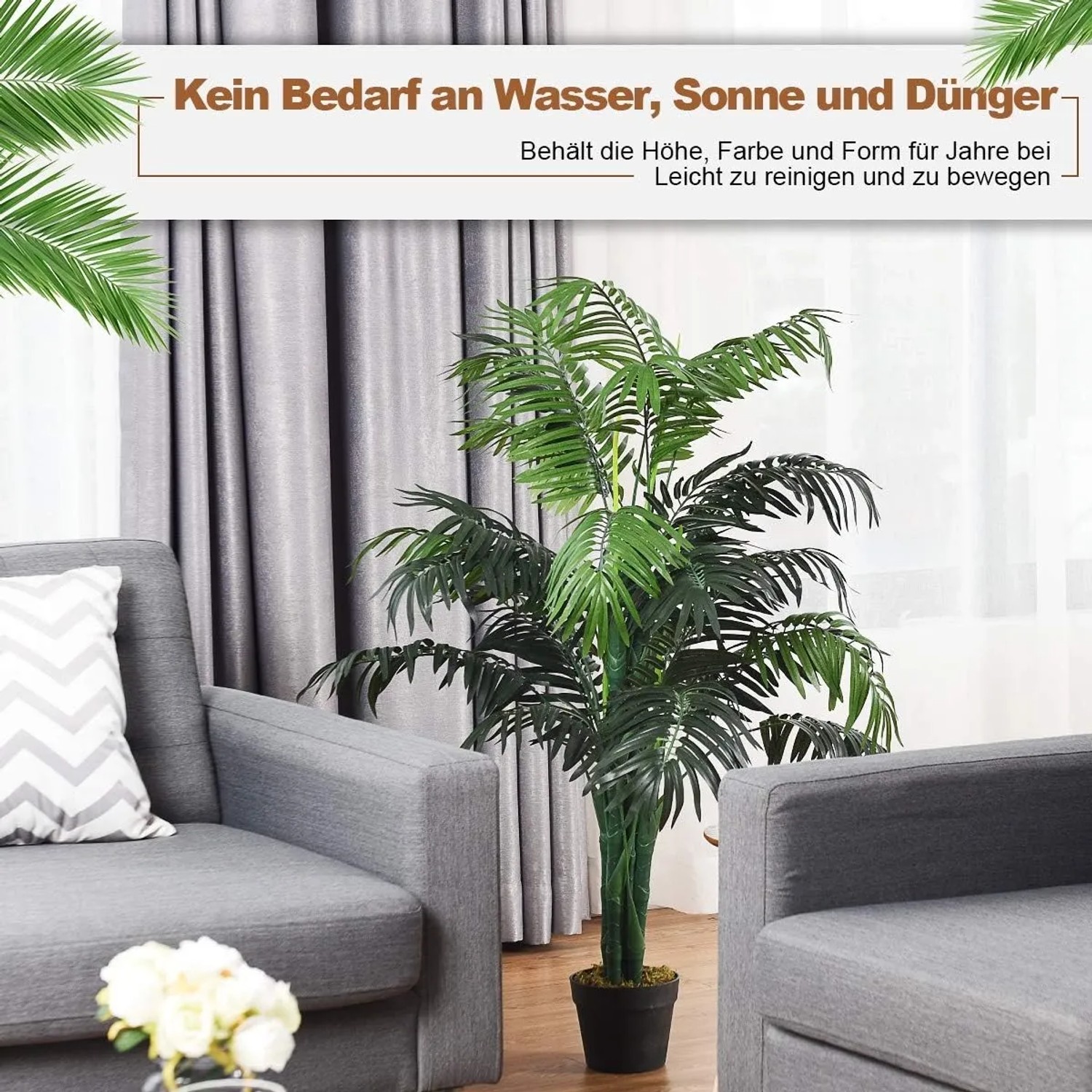 Grüne Costway Kunstpflanze, 110cm hoch, im Topf. Dekorative Zimmerpflanze für Innenräume.