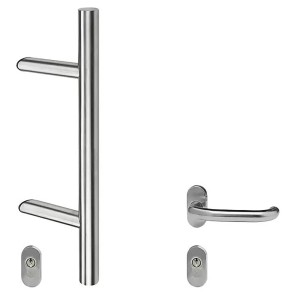 Stoßgriff-Set aus Edelstahl V2A, 350 mm, mit Drücker und Rosetten für Haustüren.