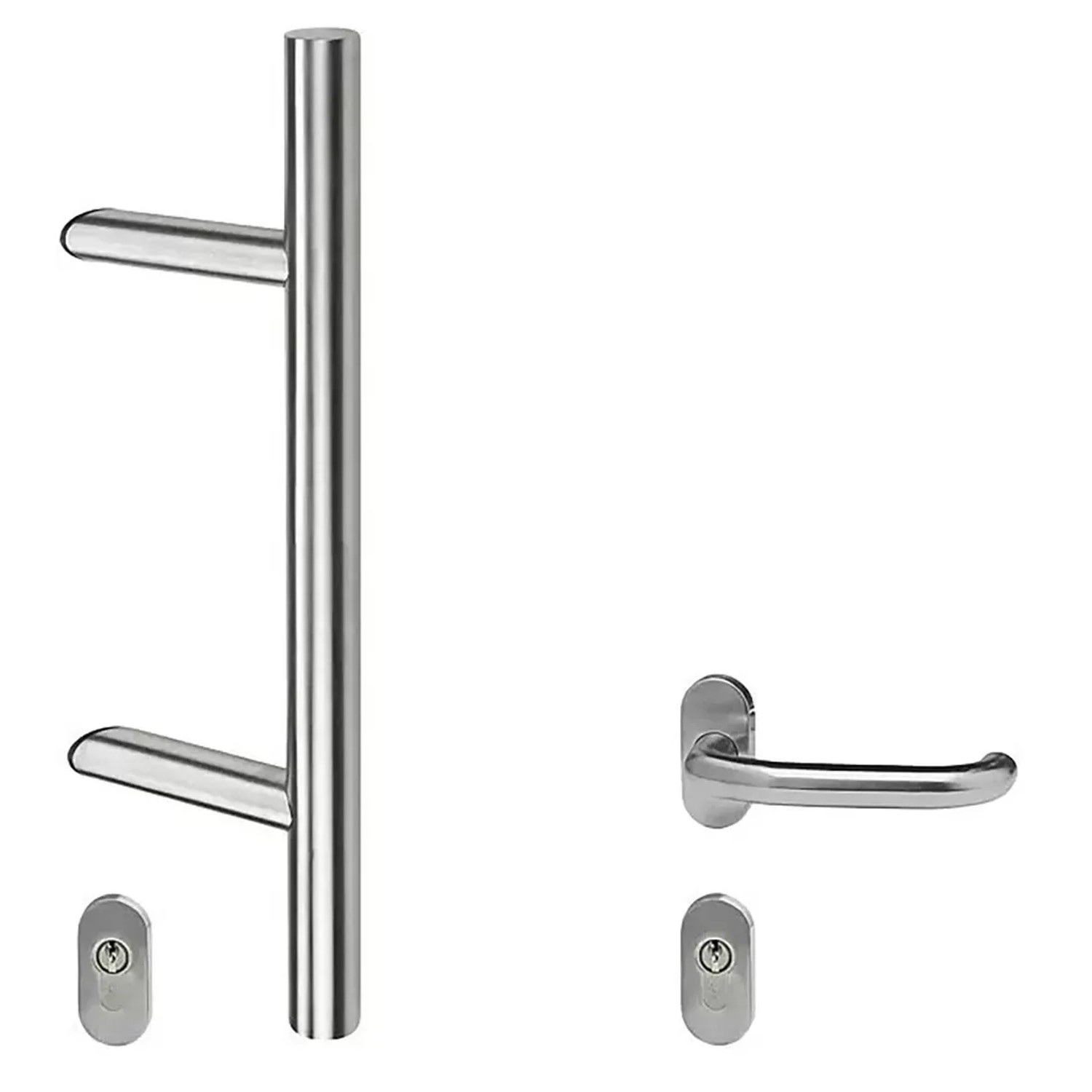 Stoßgriff-Set aus Edelstahl V2A, 350 mm, mit Drücker und Rosetten für Haustüren.