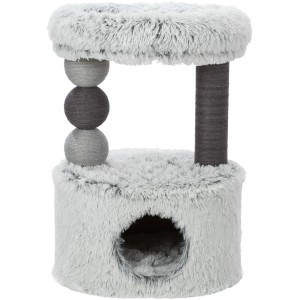 Grauer Kratzbaum Harvey (73 cm) mit Höhle, Liegeflächen und Kratzsäule für Katzen.