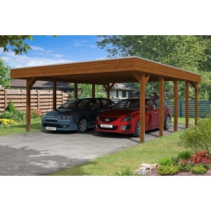 Skan Holz Doppelcarport aus Holz in Nussbaum mit zwei geparkten Autos.