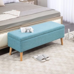 HOMCOM Sitzbank mit Stauraum, blau, Leinenoptik, Gummiholzbeine, skandinavisches Design, im Schlafzimmer.