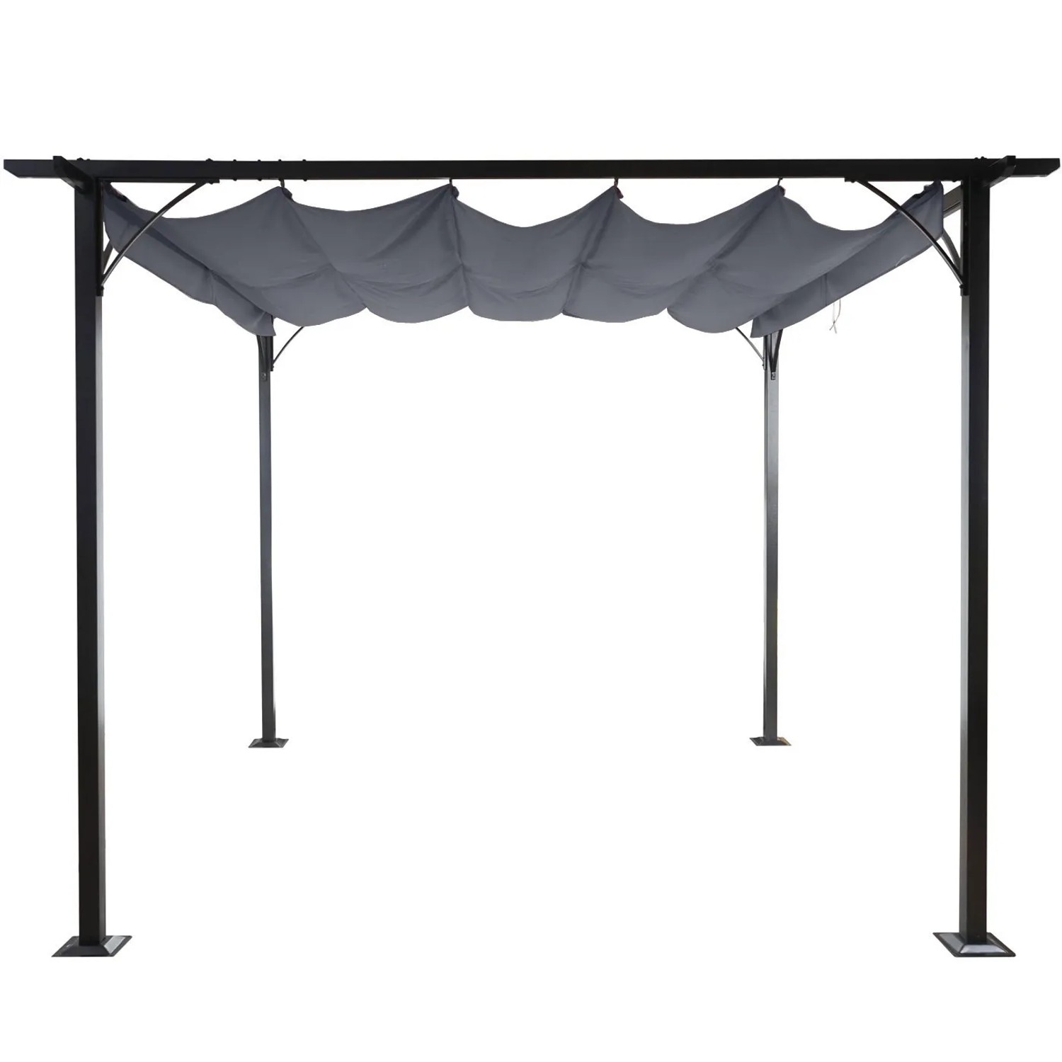 Graue MCW Pergola C42 3,5x3,5m mit stufenlos regulierbarem Schiebedach als Terrassenüberdachung.