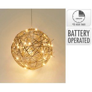 Goldene LED-Dekokugel aus Eisen, 20 cm, mit warmweißen Lichtern für Innen, batteriebetrieben.