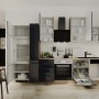 Moderne Flex-Well Küchenzeile Capri, 310 cm, schwarz matt und Endgrain Oak Dekor mit E-Geräten.