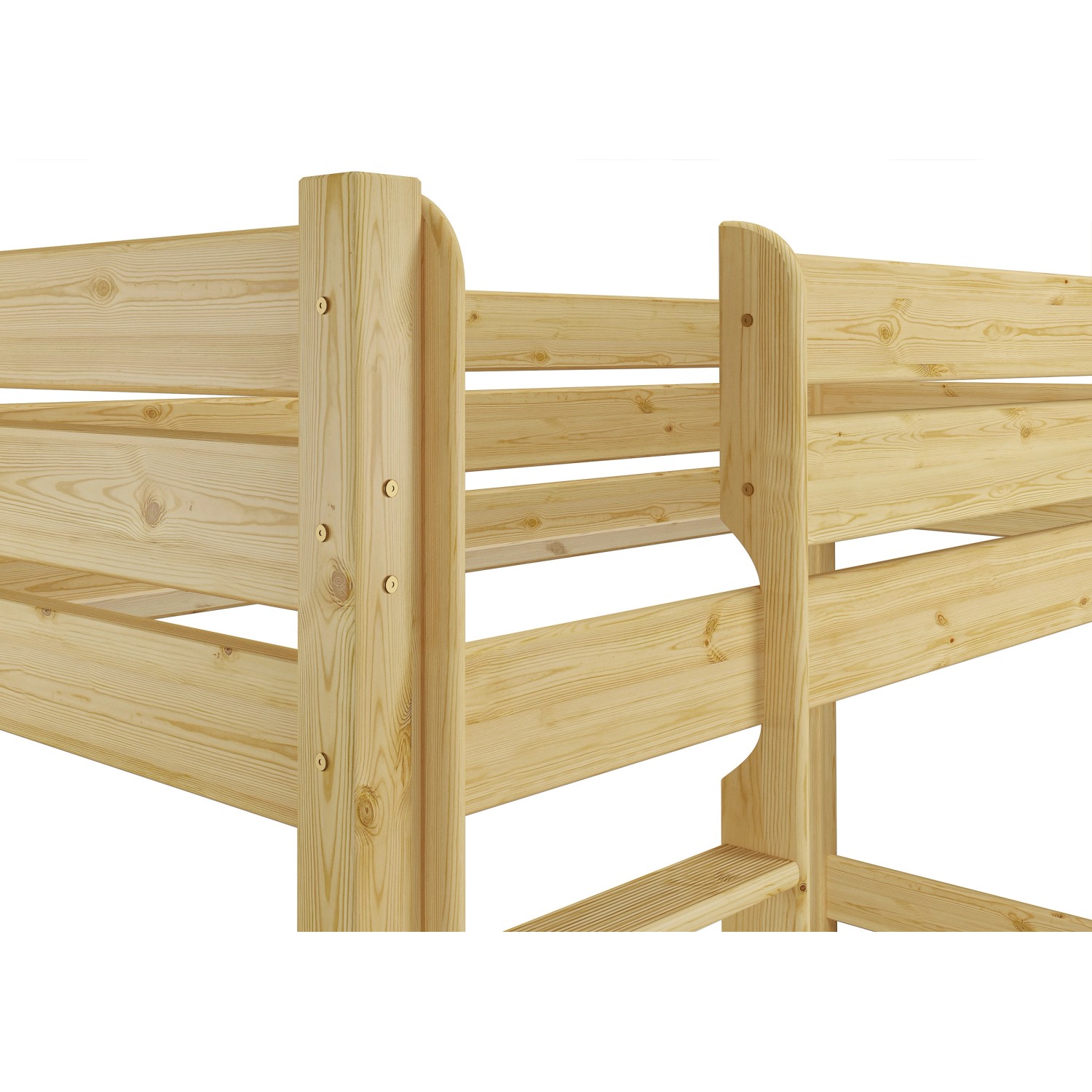 Detailansicht des teilbaren Etagenbetts aus Kiefernholz mit Leiter und Bettkasten.