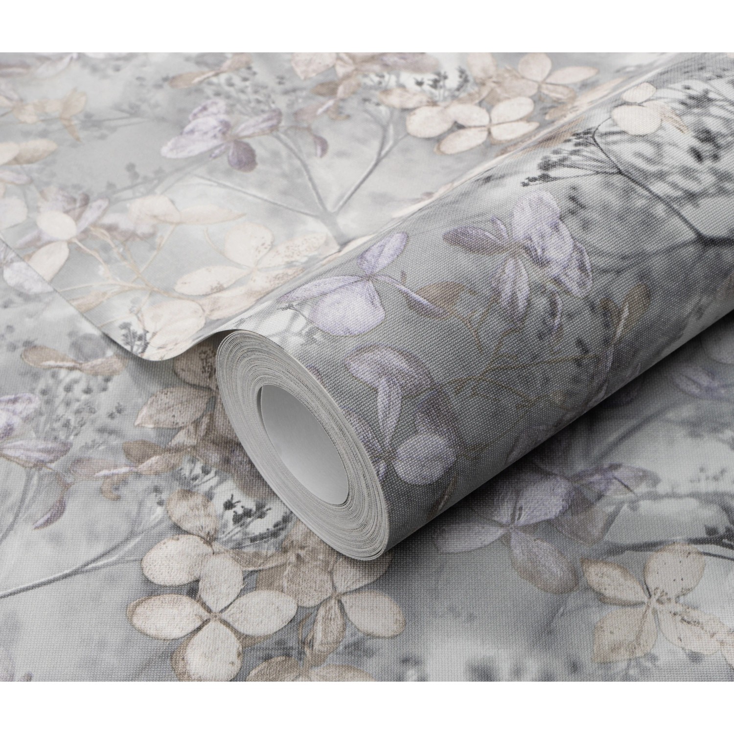 Erismann Vliestapete Play of Light Purity hellgrau mit floralem Muster.