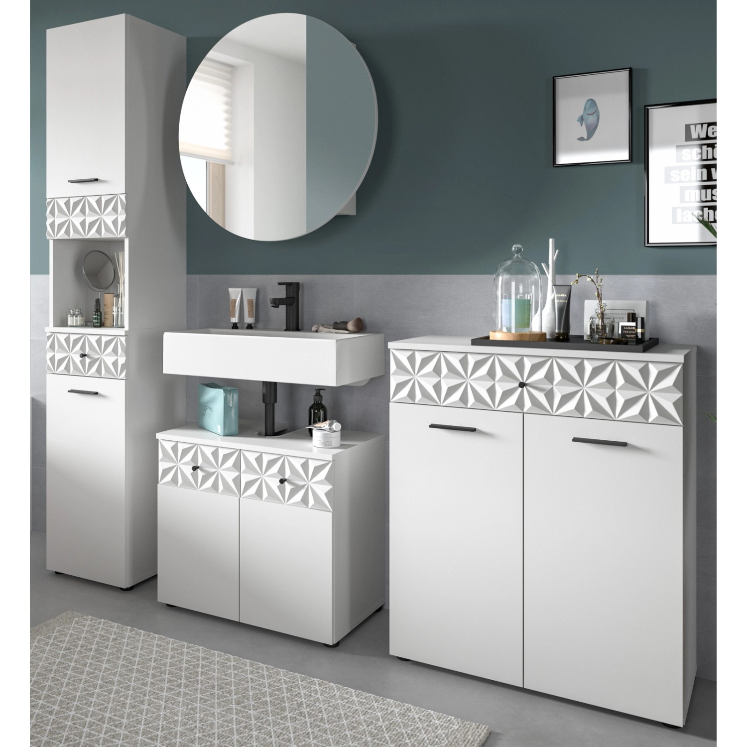 Inn.Furn Badmöbel Set in Weiß Hochglanz 4-teilig 200 cm Relief günstig online kaufen