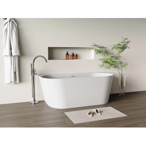 Halb freistehende Vente-unique Amobia Badewanne, weißes Acryl, 160 cm, mit Standarmatur im modernen Bad.