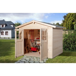 Offenes, naturbelassenes weka Gartenhaus 224 aus Holz mit Doppeltür und Satteldach.