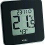 Digitales Thermo-Hygrometer Style von TFA, schwarz, zeigt Temperatur, Luftfeuchtigkeit und Uhrzeit.