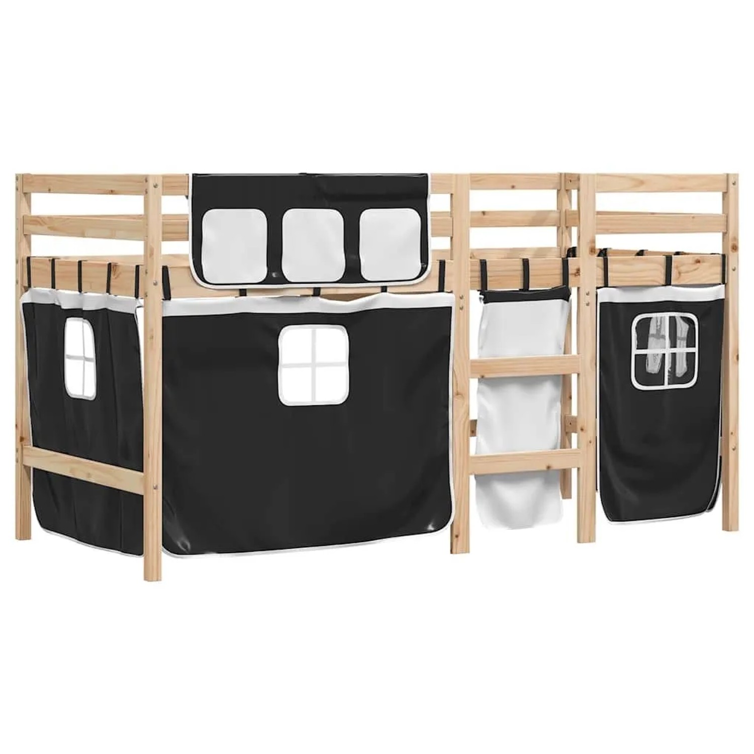vidaXL Kinderhochbett mit Vorhängen Weiß Schwarz 90x200 cm Kiefernholz 3283 günstig online kaufen