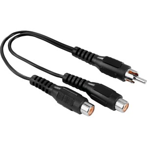 Schwarzer Hama Subwoofer-Adapter mit Cinch-Stecker und 2 Cinch-Kupplungen.
