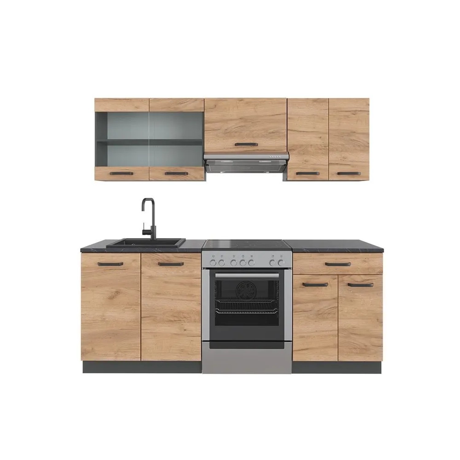 Vicco R-Line Küchenzeile Goldkraft Eiche Anthrazit 200 cm AP Marmor ohne E-Geräte Opt2