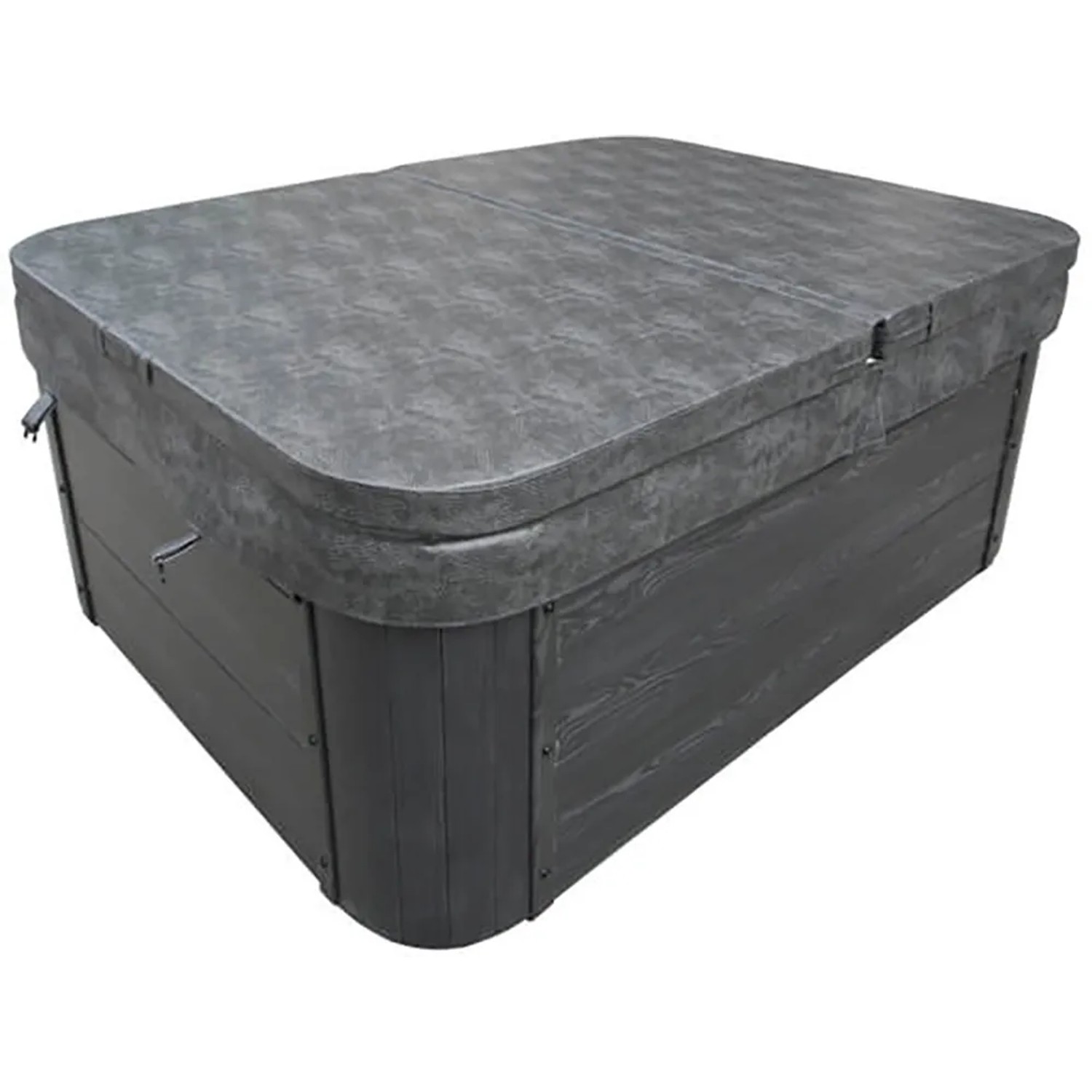 Abgedeckter Home Deluxe Outdoor Whirlpool White Marble Plus mit grauer Thermoabdeckung und Treppe.