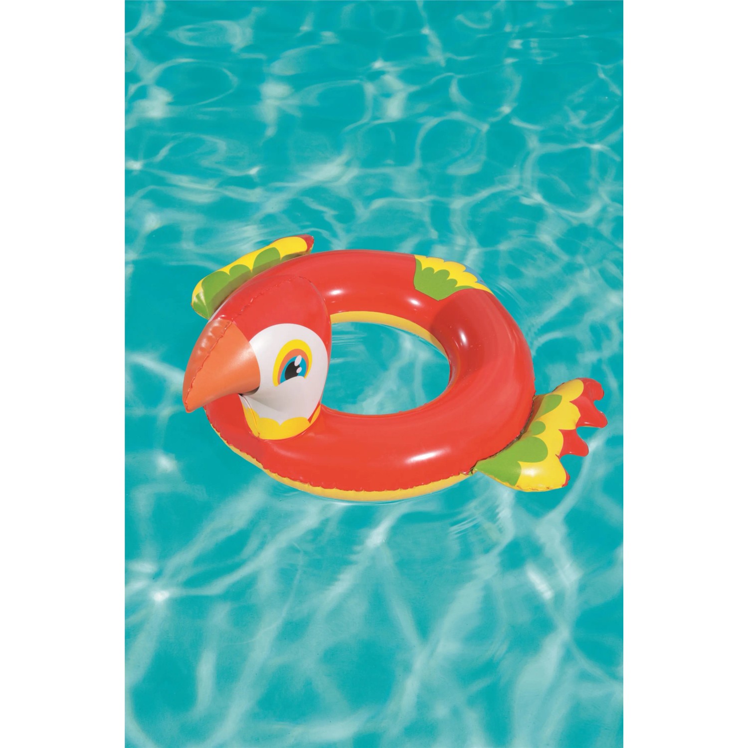 Bestway Schwimmring im Tierdesign (Papagei) auf blauem Wasser. Badespaß im Pool mit dem Schwimmreifen.