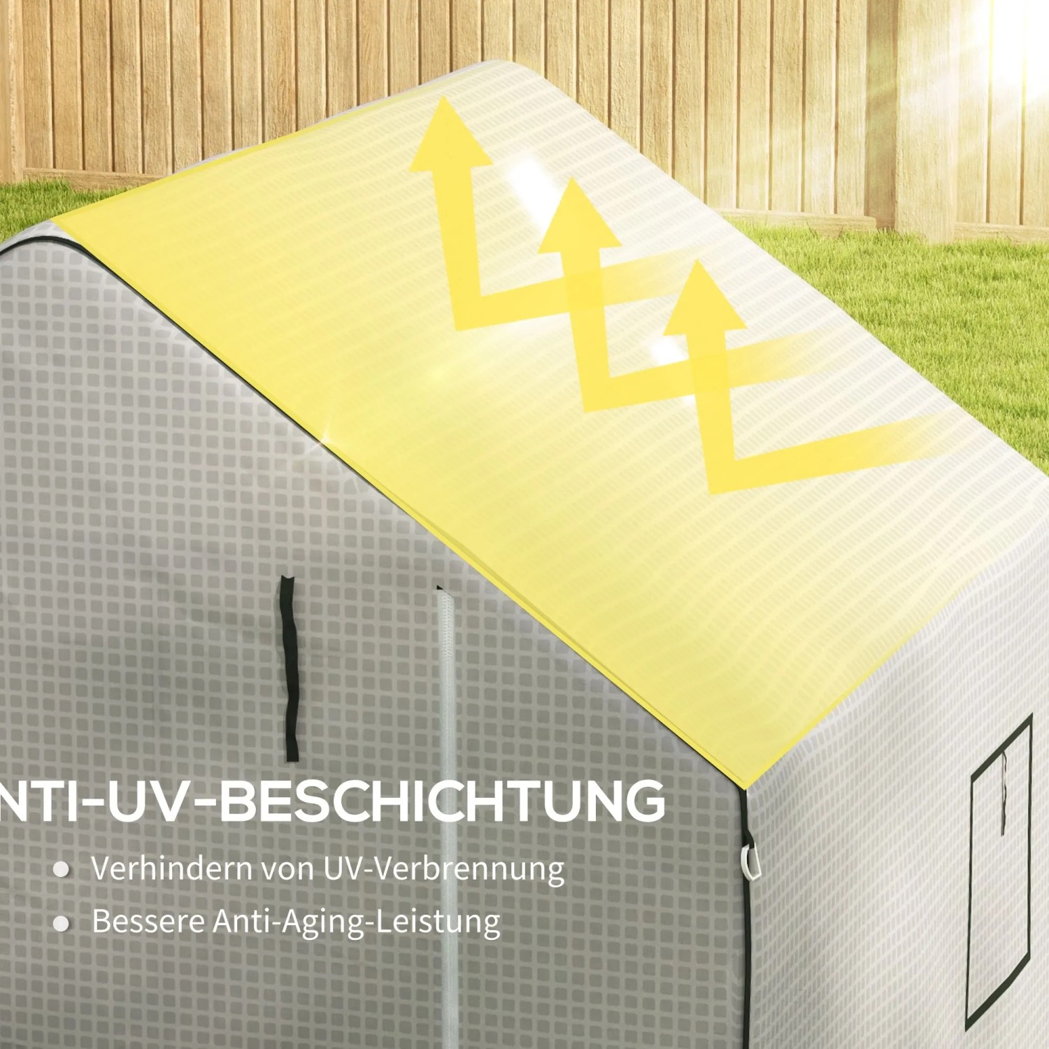 Weiße Furnicato Gewächshausfolie Ersatzplane mit UV-Schutz, aufrollbaren Fenstern und Tür.