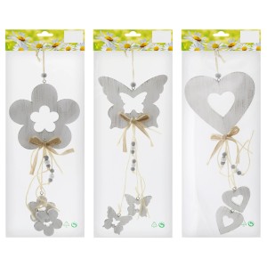 Holzanhänger 3-fach sortiert, 33 cm, Weiß, Ostern Deko: Herz, Blume, Schmetterling