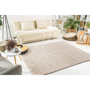 MeGusta Flachflor Teppich Uni Creme Wolle, 160x230 cm, im Wohnzimmer.