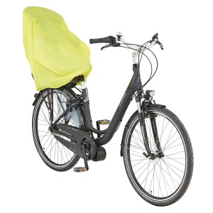 Fahrrad mit gelber Regenschutzabdeckung für den Prophete Fahrradkindersitz.