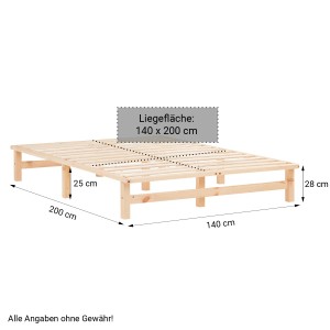Homestyle4u Holzbett 140x200 cm, Kiefer massiv, Natur, mit Lattenrost. Jugendbett im Paletten Design.
